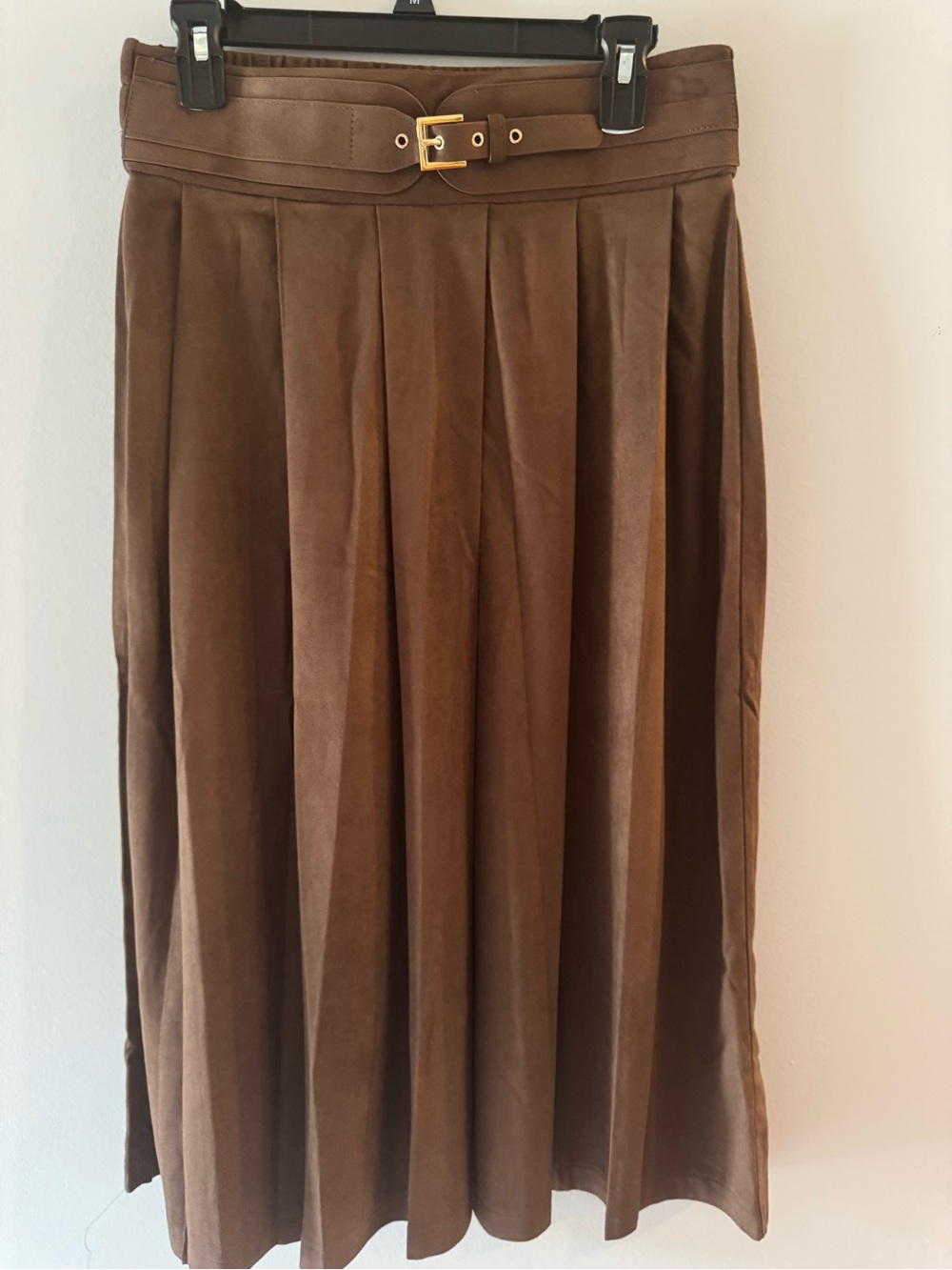 Laffaire Women’s Faux Suede Brown Pleated Midi Skirt with Belt Accents S